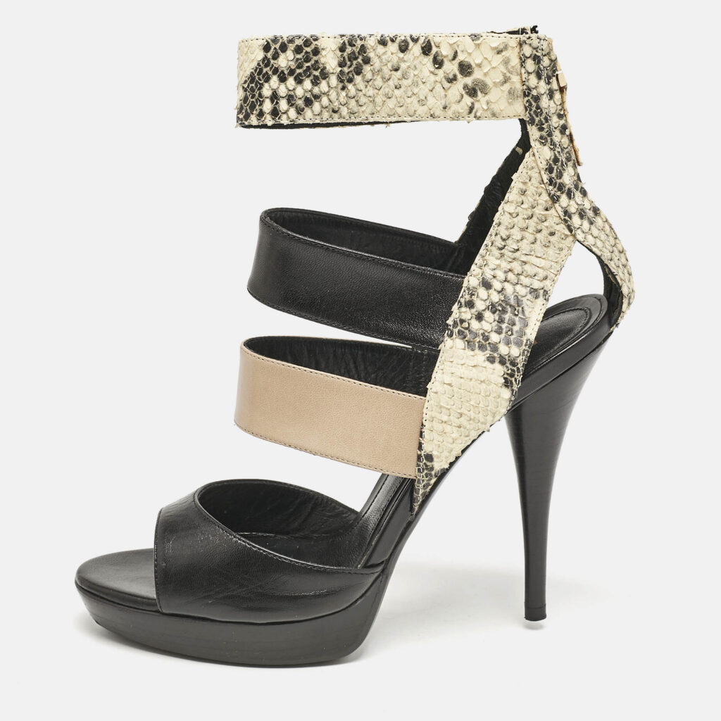 Fendi Tricolor Leather and Python Embossed Ankle Strap Platform Sandals Size 38