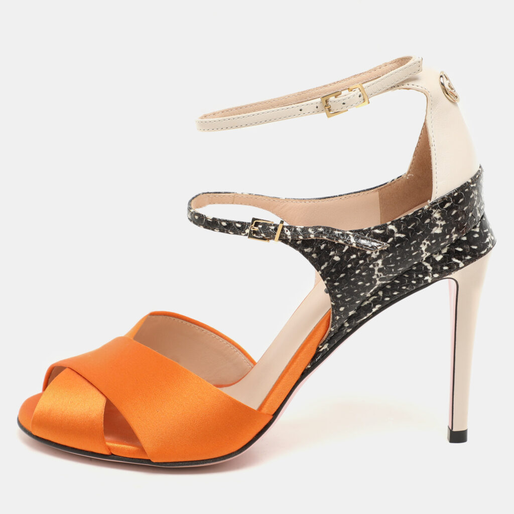 Fendi Multicolor Satin And Python Embossed Leather Criss Cross Ankle Strap Sandals Size 36