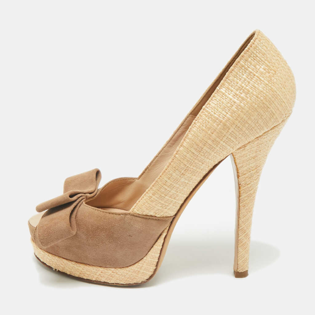 Fendi Beige/Brown Suede And Jute Bow Detail Peep Toe Platform Pumps Size 39