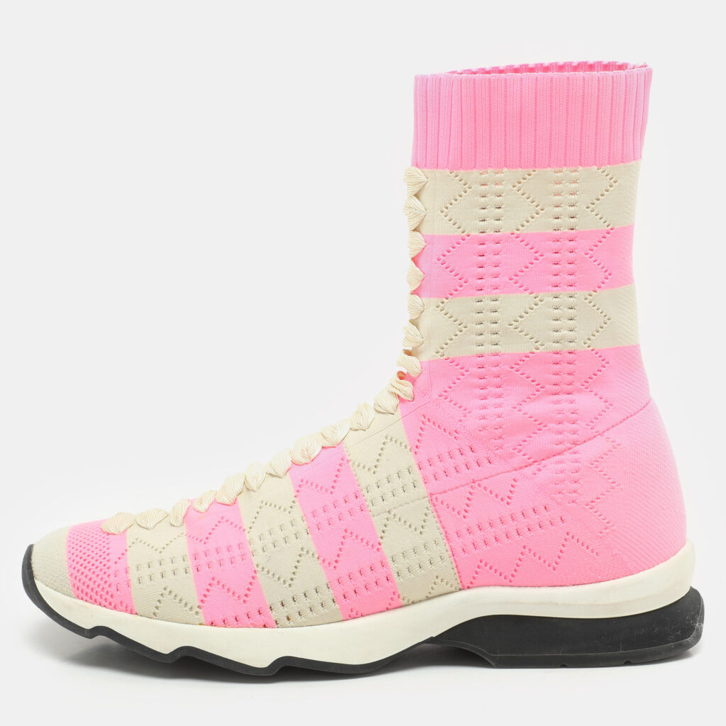 Fendi Pink and Beige Stripes Knit Fabric Sneaker Boots Size 38 Fendi Pink and Beige Stripes Knit Fabric Sneaker Boots Size 38
