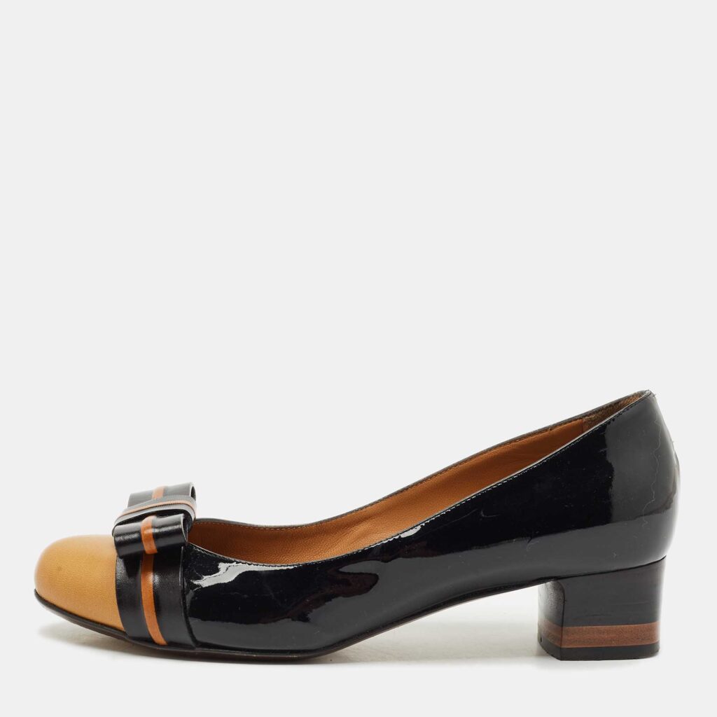 Fendi Black/Beige Leather Cap Toe Bow Detail Pumps Size 38 Fendi Black/Beige Leather Cap Toe Bow Detail Pumps Size 38