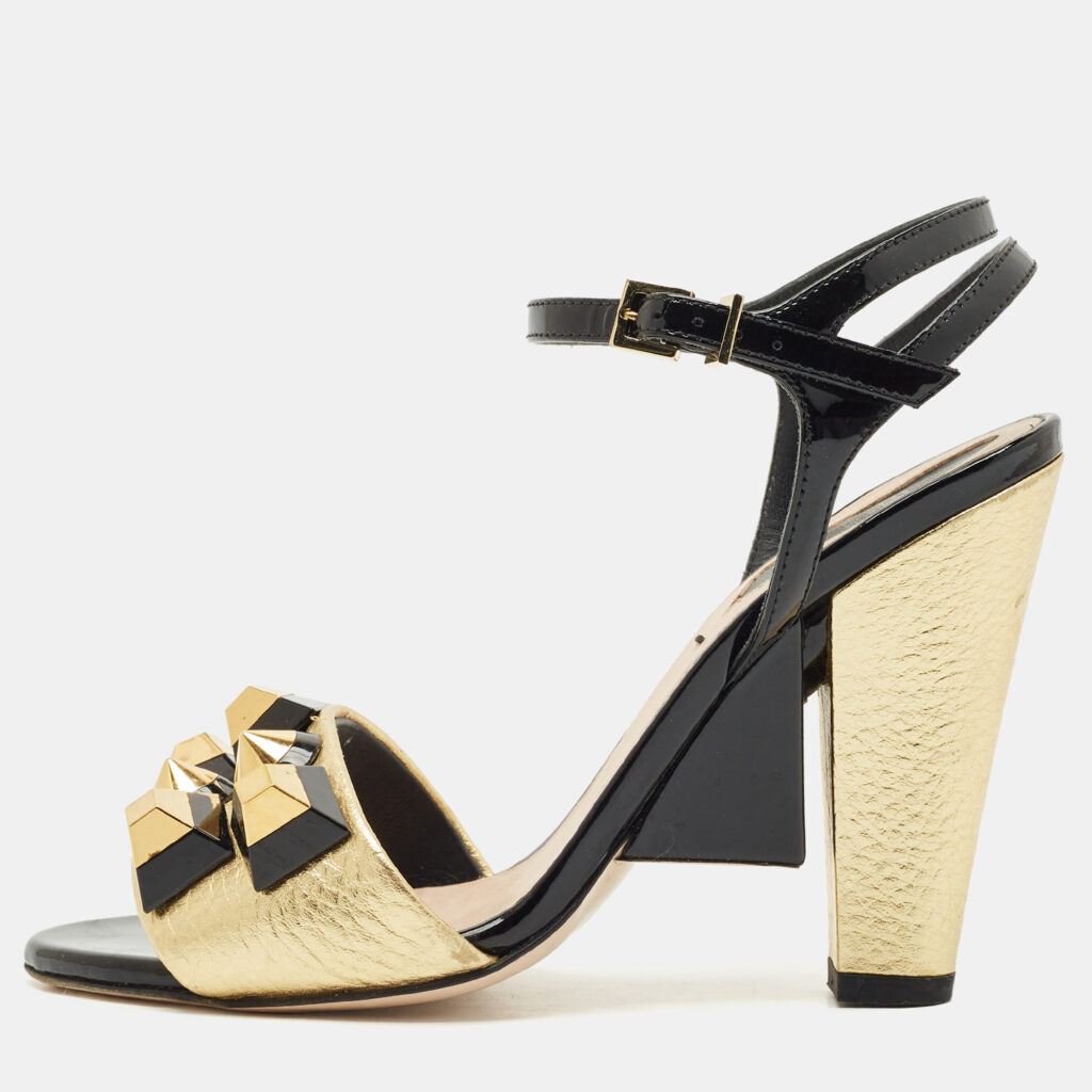 Fendi Gold/Black Leather and Patent Studded Ankle Strap Sandals Size 35