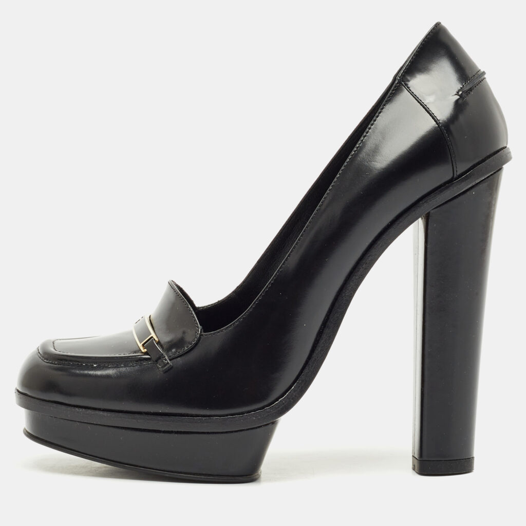 luxury-women-fendi-used-shoes-p1177772-001.jpg Fendi Black Leather Logo Loafer Platform Pumps Size 38