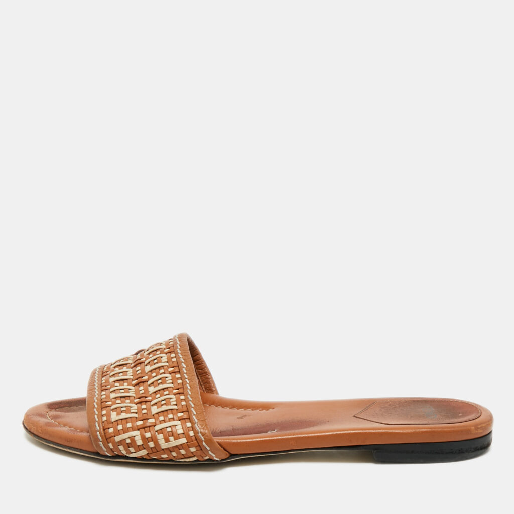 Fendi Brown/White Leather and Woven Leather FF Flat Sandals Size 39 Fendi Brown/White Leather and Woven Leather FF Flat Sandals Size 39