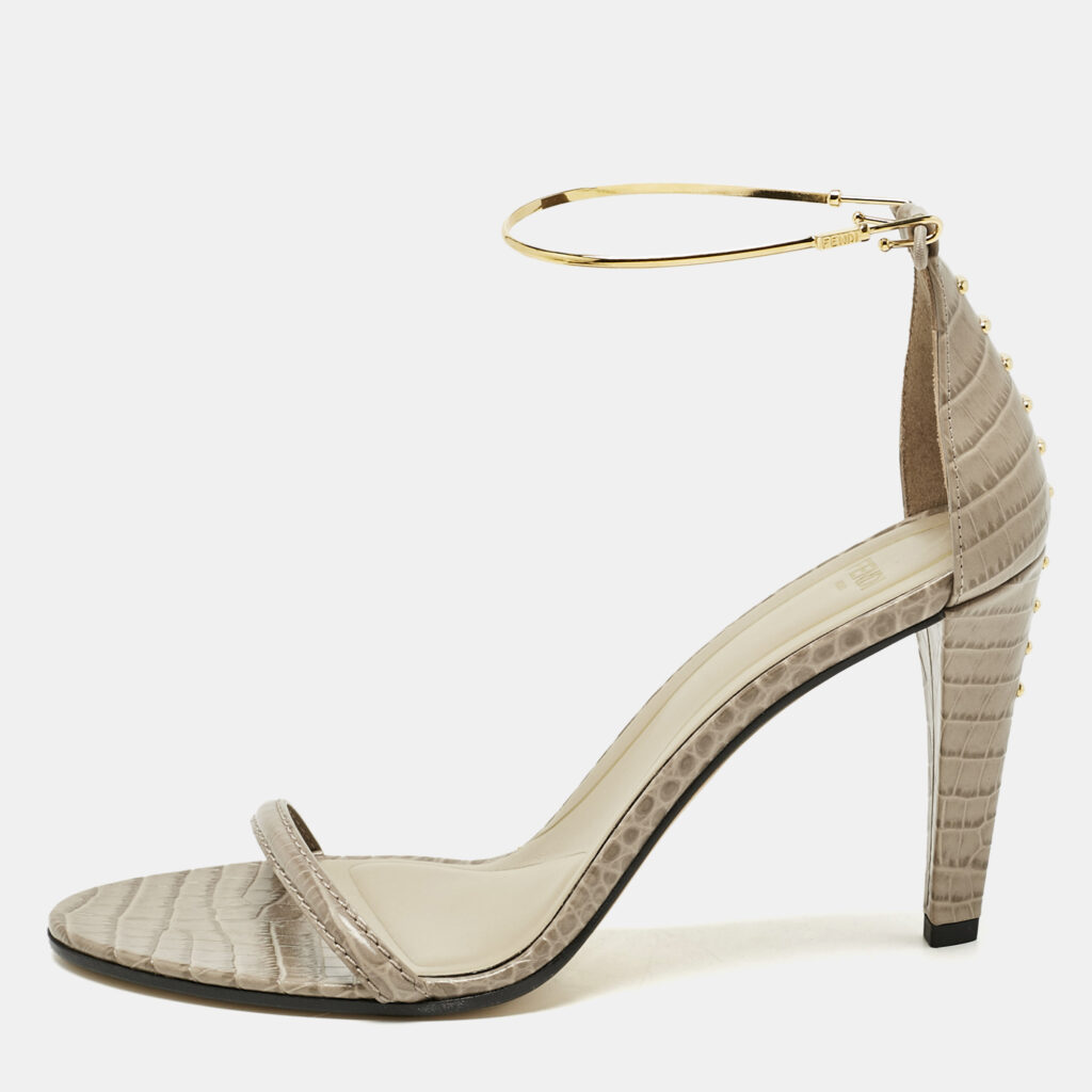 Fendi Grey Croc Embossed Leather Filo Ankle Strap Sandals Size 38 Fendi Grey Croc Embossed Leather Filo Ankle Strap Sandals Size 38