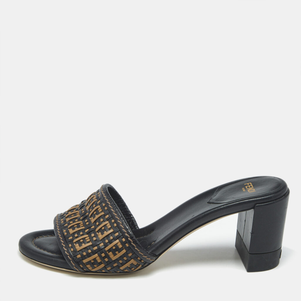 Fendi Black/Brown FF Interlace Leather Slide Sandals Size 37.5 Fendi Black/Brown FF Interlace Leather Slide Sandals Size 37.5