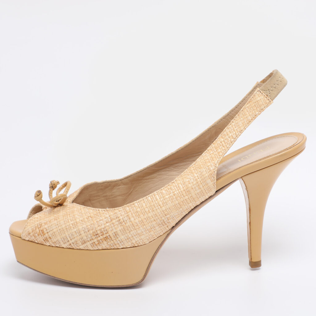 Fendi Beige Woven Straw Fendista Bow Platform Slingback Sandals Size 41 Fendi Beige Woven Straw Fendista Bow Platform Slingback Sandals Size 41