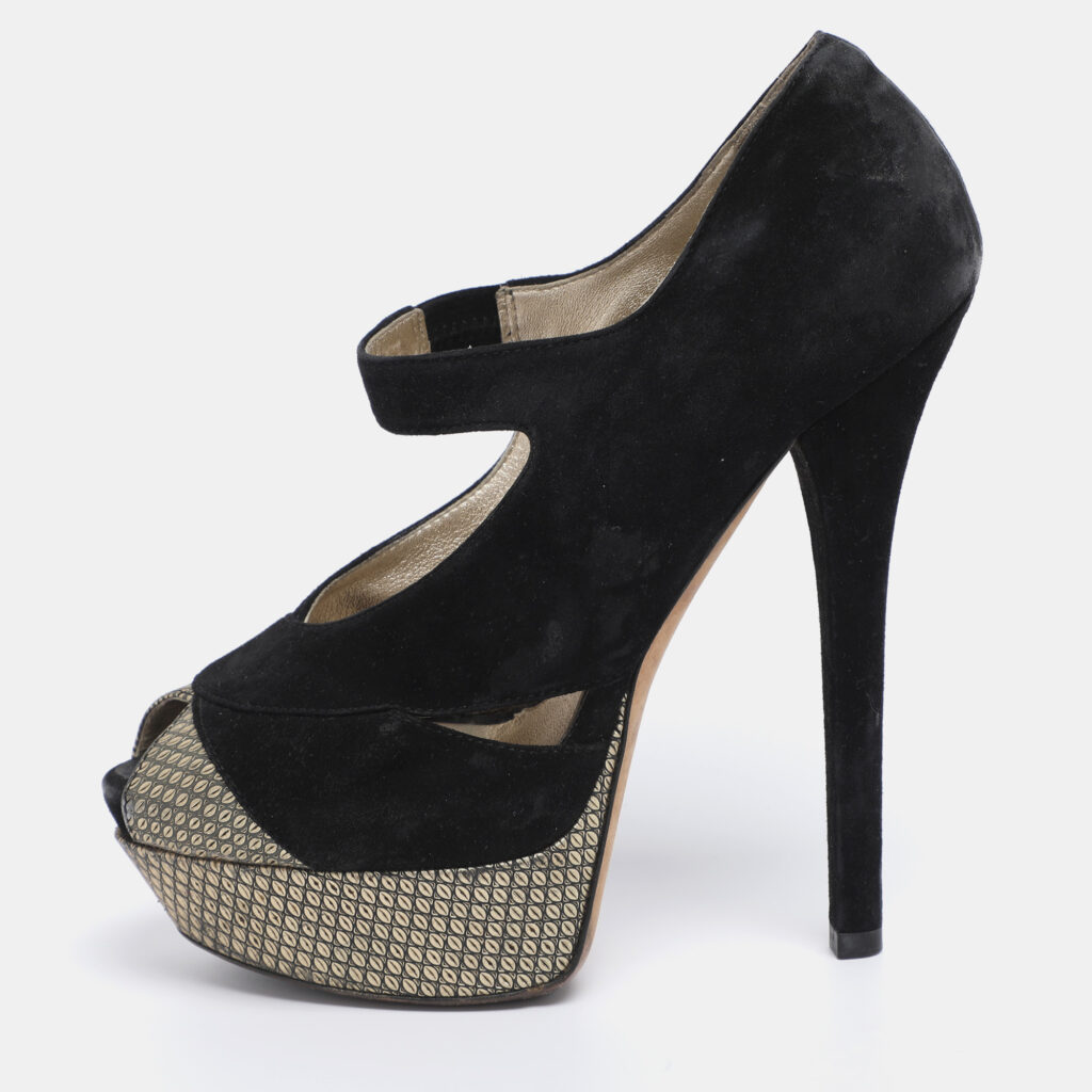 Fendi Black Suede Peep Toe Platform Pumps Size 38.5
