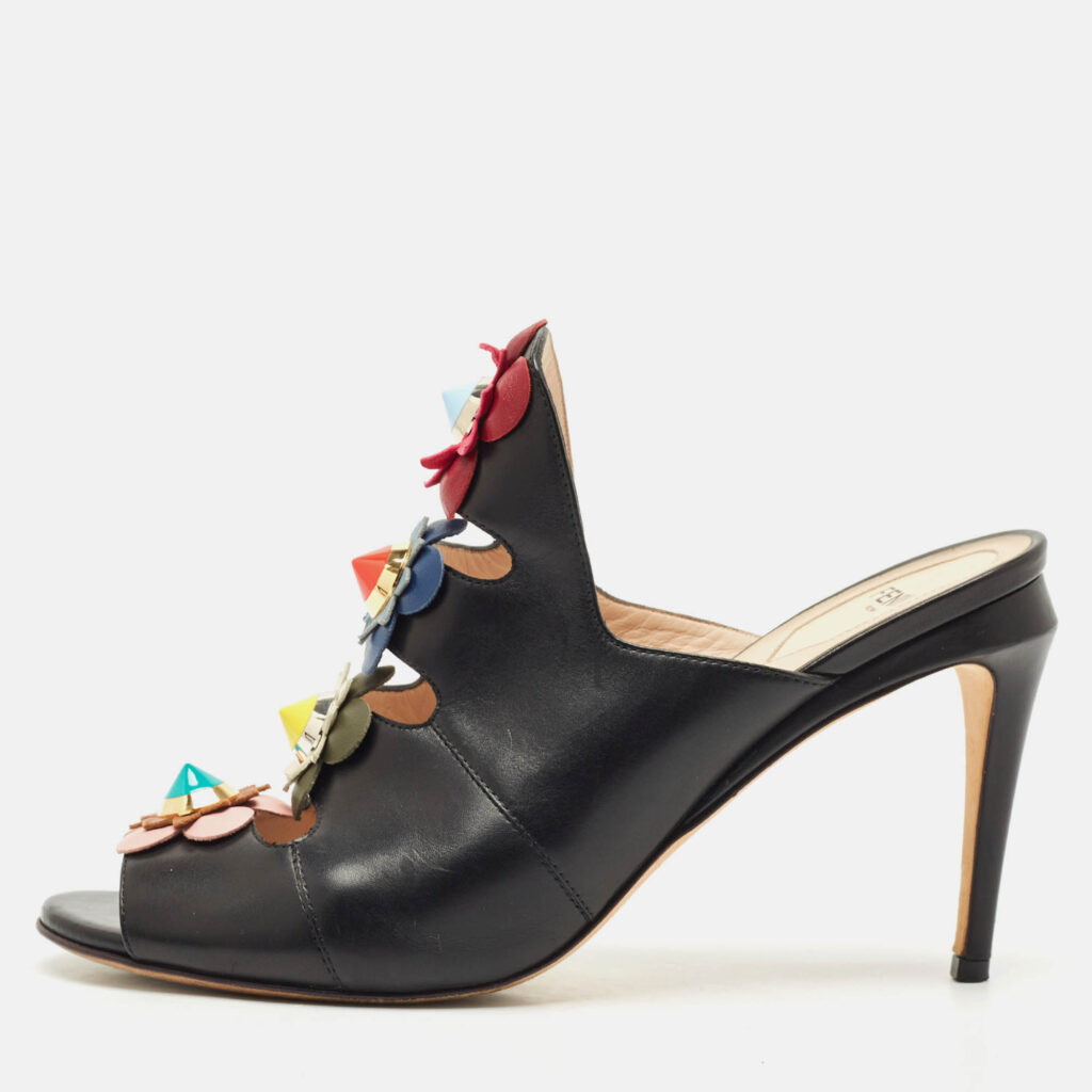Fendi Black Leather Flowerland Slide Sandals Size 40 Fendi Black Leather Flowerland Slide Sandals Size 40