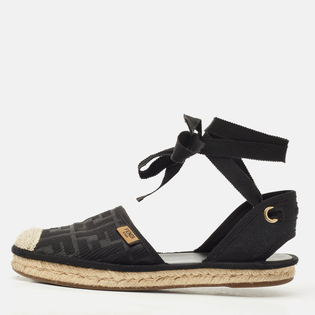 Fendi Black FF Logo Embroidered Fabric Ankle Wrap Espadrille Flats Size 38 Fendi Black FF Logo Embroidered Fabric Ankle Wrap Espadrille Flats Size 38