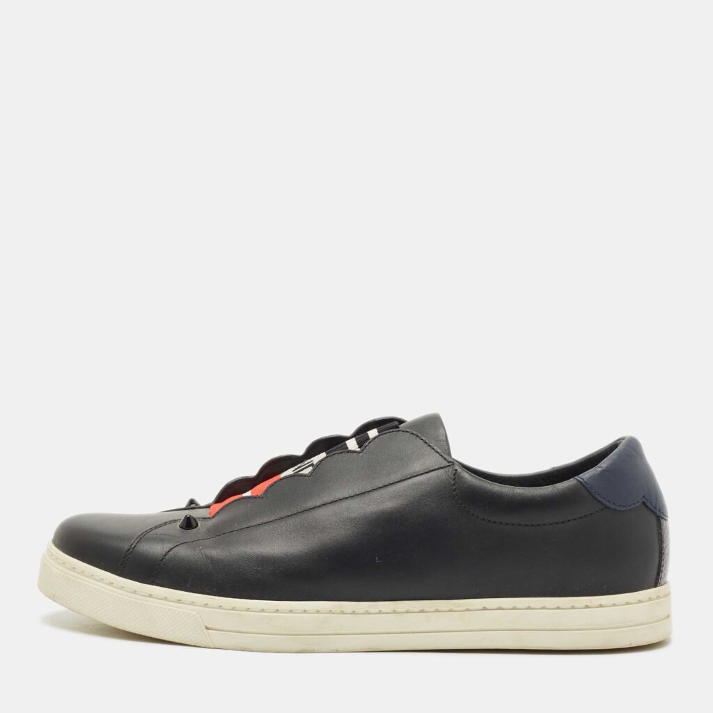 Fendi Black/Blue Leather Logo Knit Rockoko Scallop Detail Slip On Sneakers Size 39 Fendi Black/Blue Leather Logo Knit Rockoko Scallop Detail Slip On Sneakers Size 39