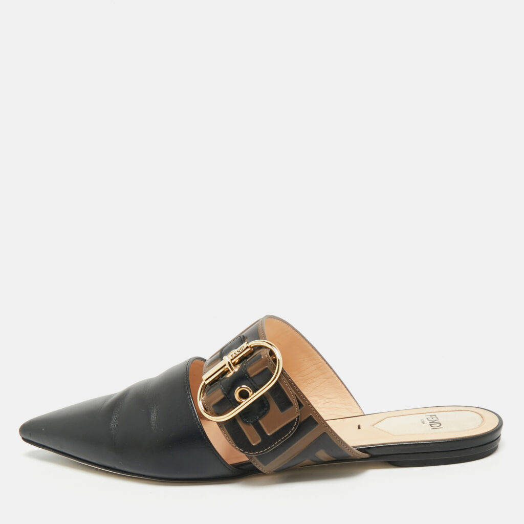 Fendi Black/Brown Leather FF Logo Buckle Mules Size 38 Fendi Black/Brown Leather FF Logo Buckle Mules Size 38