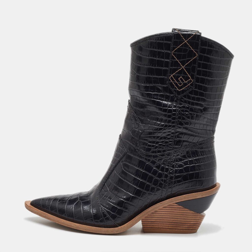 Fendi Black Croc Embossed Leather Mid Calf Cowboy Boots Size 36.5 Fendi Black Croc Embossed Leather Mid Calf Cowboy Boots Size 36.5