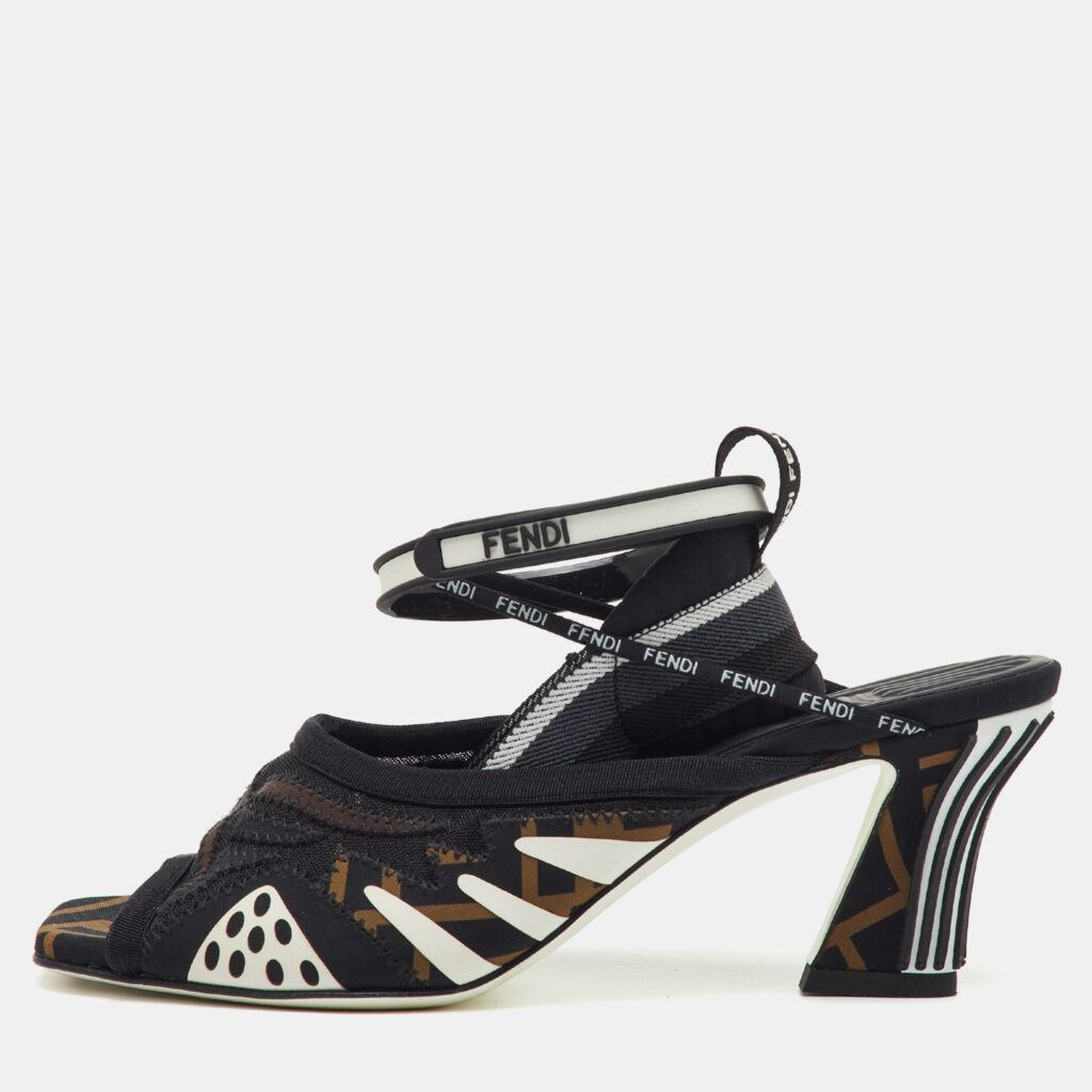 Fendi Black/Brown FF Neoprene and Mesh Freedom Patchwork Slingback Sandals Size 36