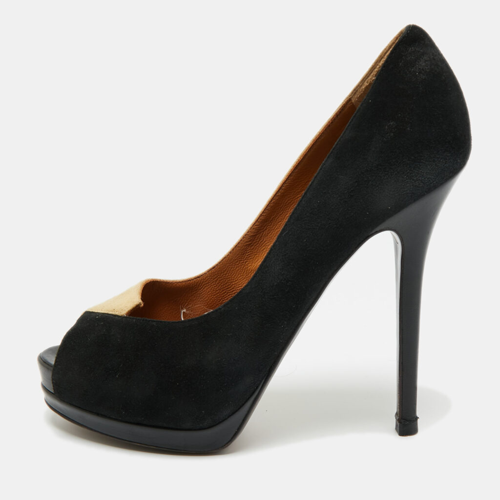 Fendi Black/Beige Suede Fendista Peep Toe Pumps Size 39