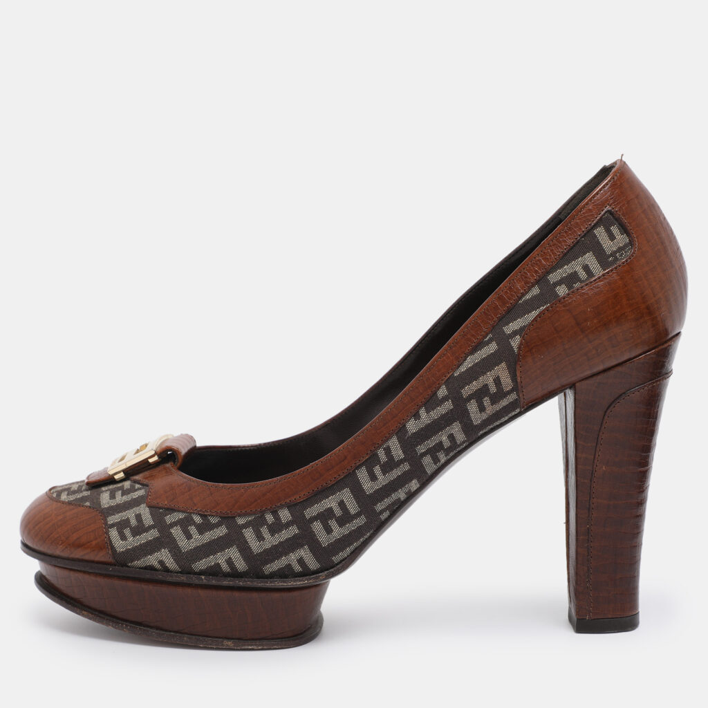 Fendi Brown Zucca Canvas and Leather Platform Pumps Size 40