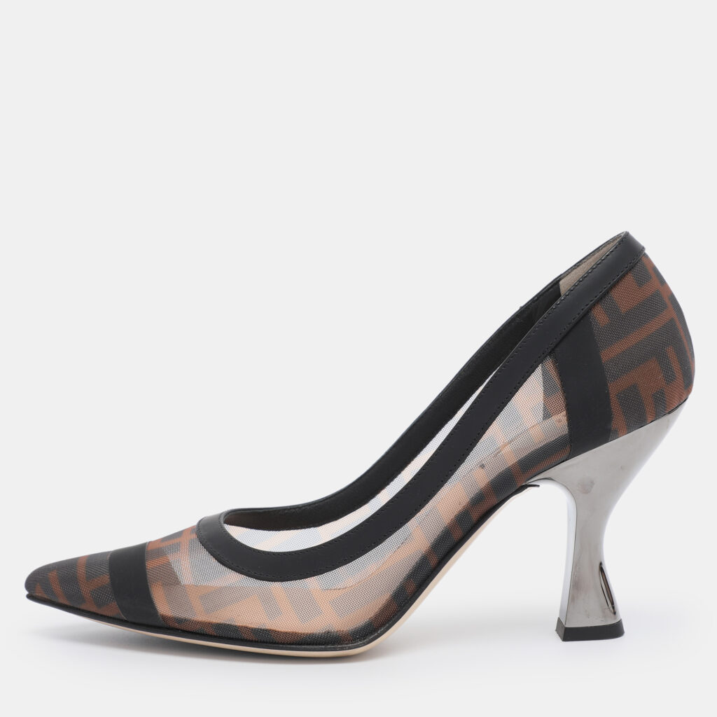 Fendi Brown/Black Zucca Mesh and Leather Colibri Pumps Size 38