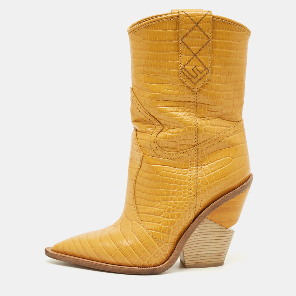 Fendi Yellow Croc Embossed Leather Cowboy Mid Calf Boots Size 35 Fendi Yellow Croc Embossed Leather Cowboy Mid Calf Boots Size 35
