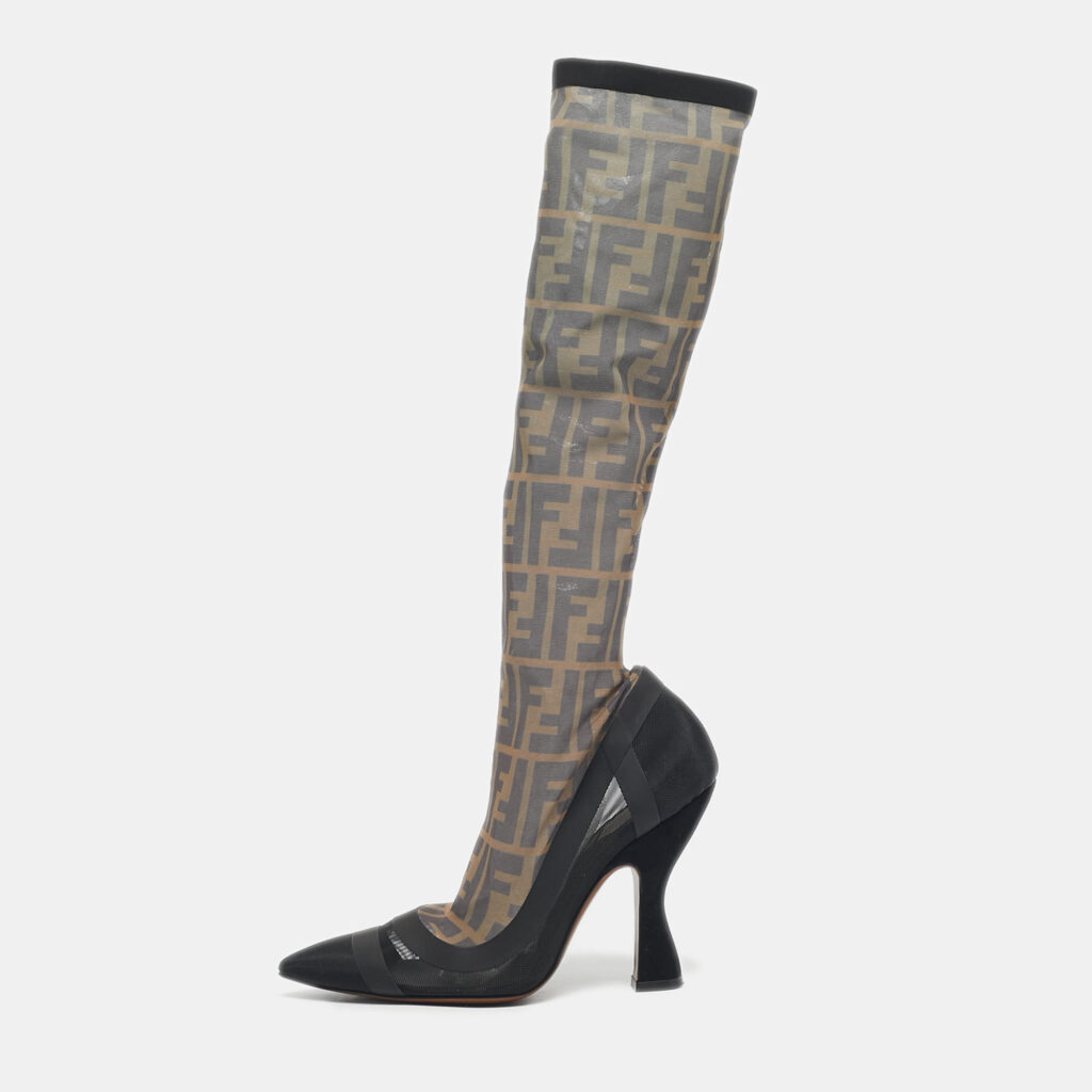 Fendi Black/Beige Zucca Mesh And Fabric Colibri Knee Length Boots Size 37 Fendi Black/Beige Zucca Mesh And Fabric Colibri Knee Length Boots Size 37