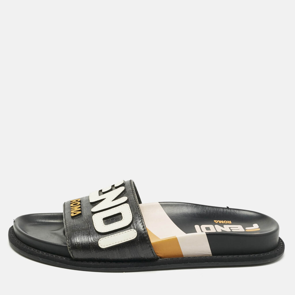 Fendi Black Leather Mania Motif Flat Slide Sandals Size 36.5