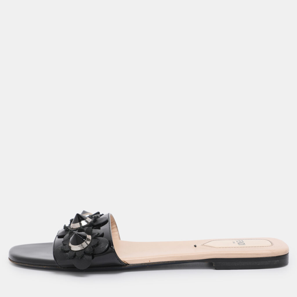Fendi Black Patent Leather Flower Stud Flat Slides Size 38
