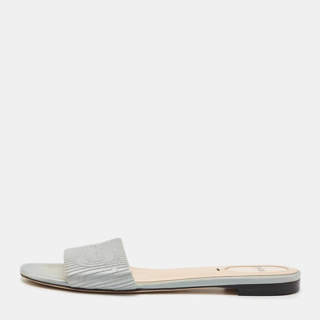 Fendi Grey Satin Logo Embroidered Flat Slides Size 39.5 Fendi Grey Satin Logo Embroidered Flat Slides Size 39.5