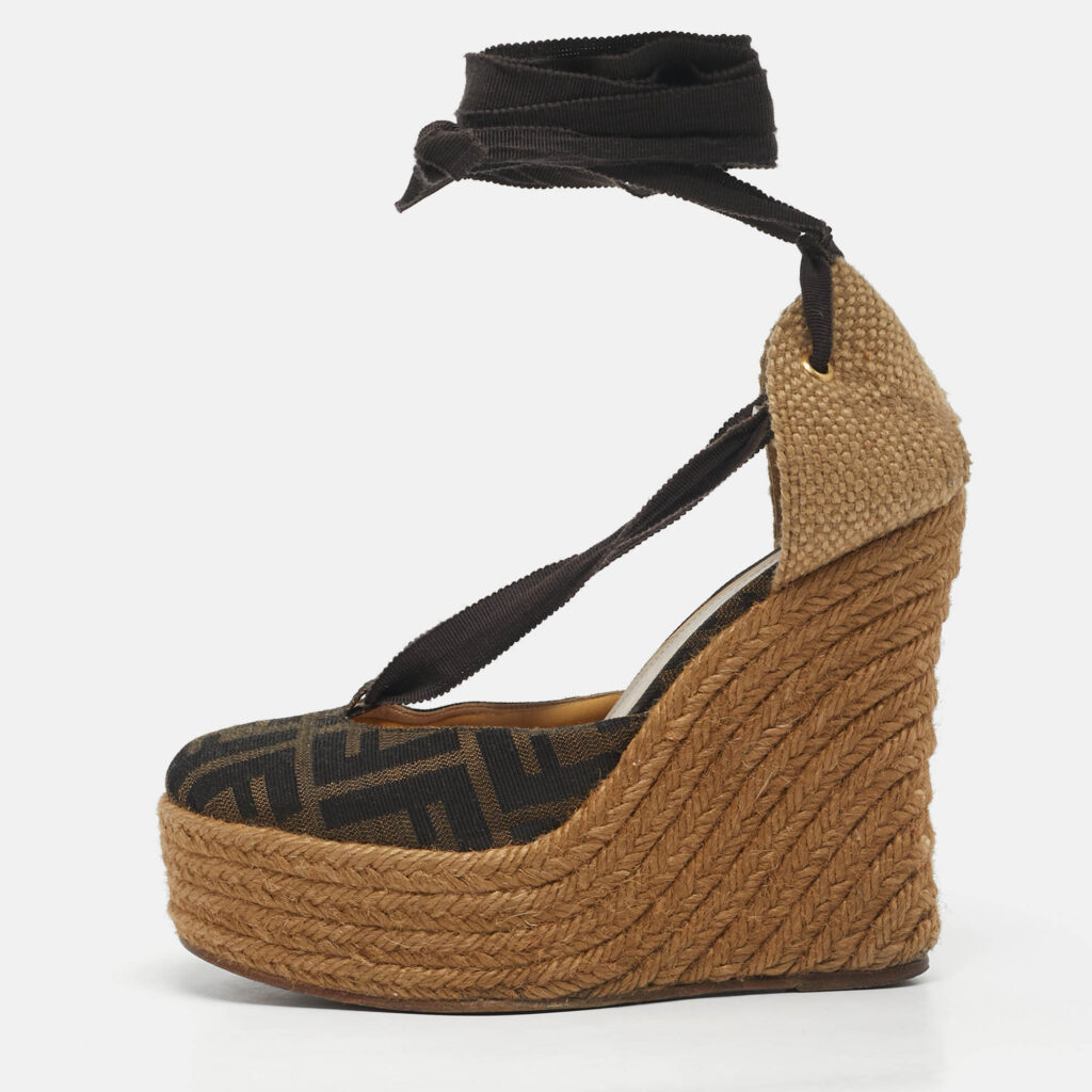 Fendi Black/Brown Zucca Canvas Ankle Tie Wedge Espadrilles Size 37 Fendi Black/Brown Zucca Canvas Ankle Tie Wedge Espadrilles Size 37