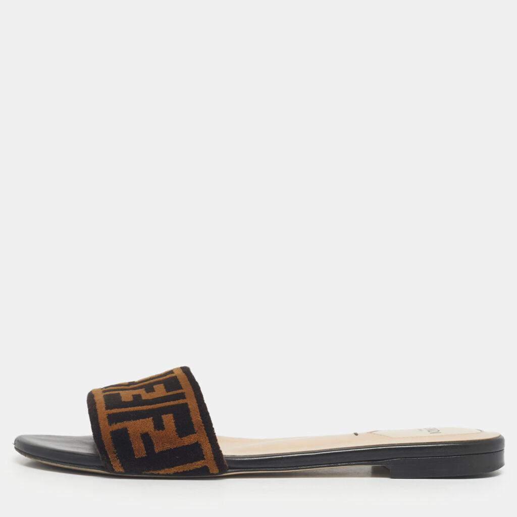 Fendi Two Tone Zucca Velvet Flat Slides Size 38 Fendi Two Tone Zucca Velvet Flat Slides Size 38