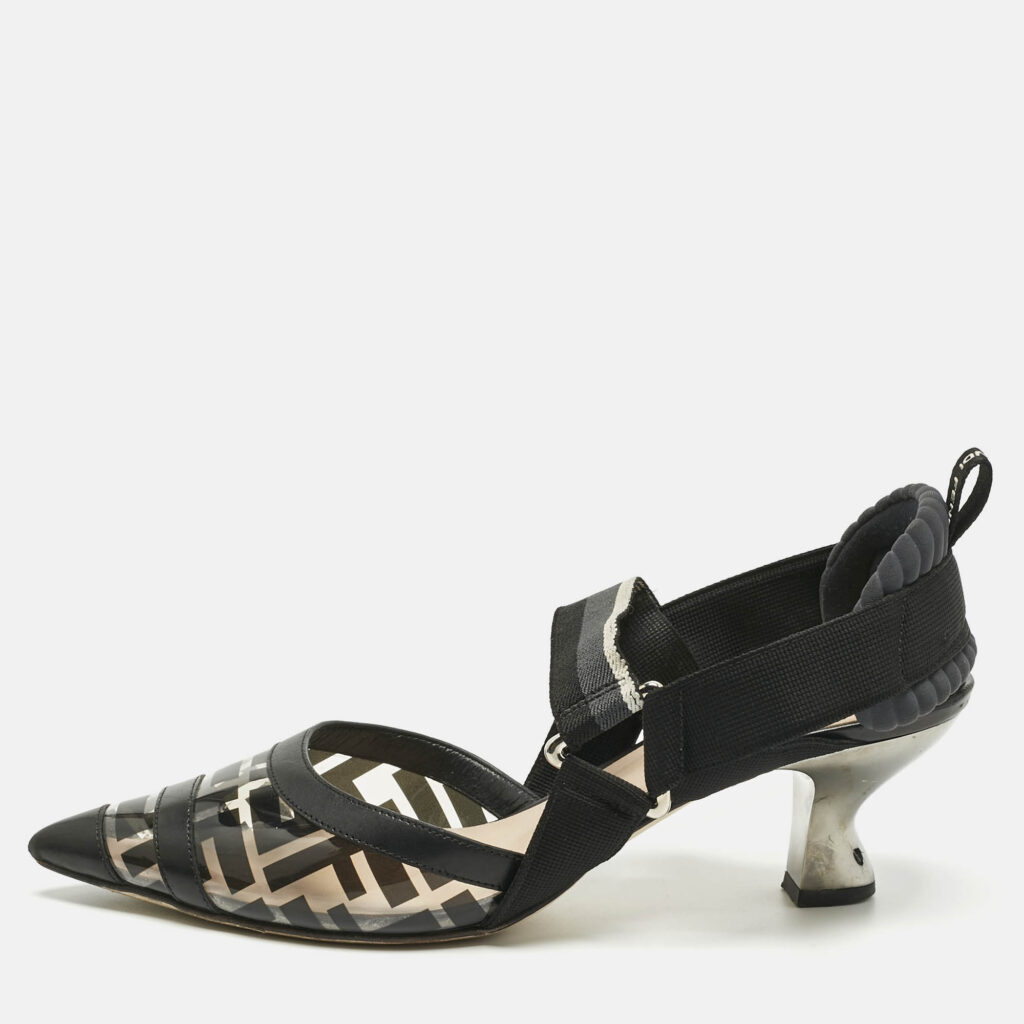 Fendi Black Leather and Zucca PVC Colibri Slingback Pumps Size 38