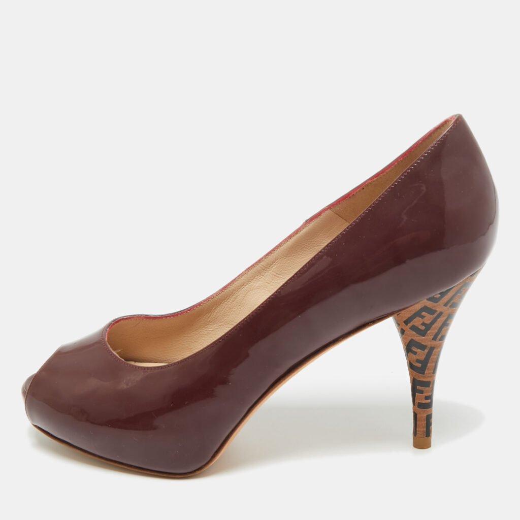 Fendi Burgundy Patent Leather Zucca Print Heel Peep Toe Platform Pumps Size 36