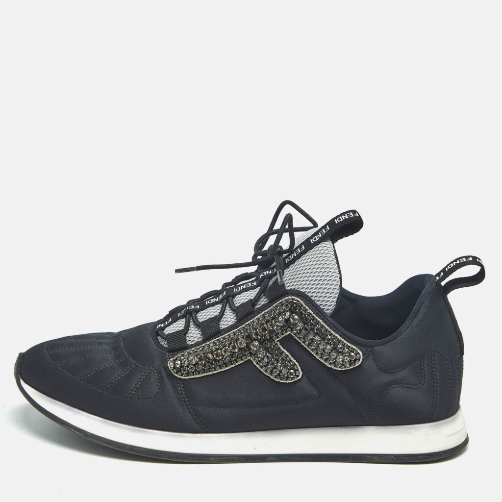 Fendi Black Fabric and Satin Crystal Embellished Lace Up Sneakers Size 37 Fendi Black Fabric and Satin Crystal Embellished Lace Up Sneakers Size 37