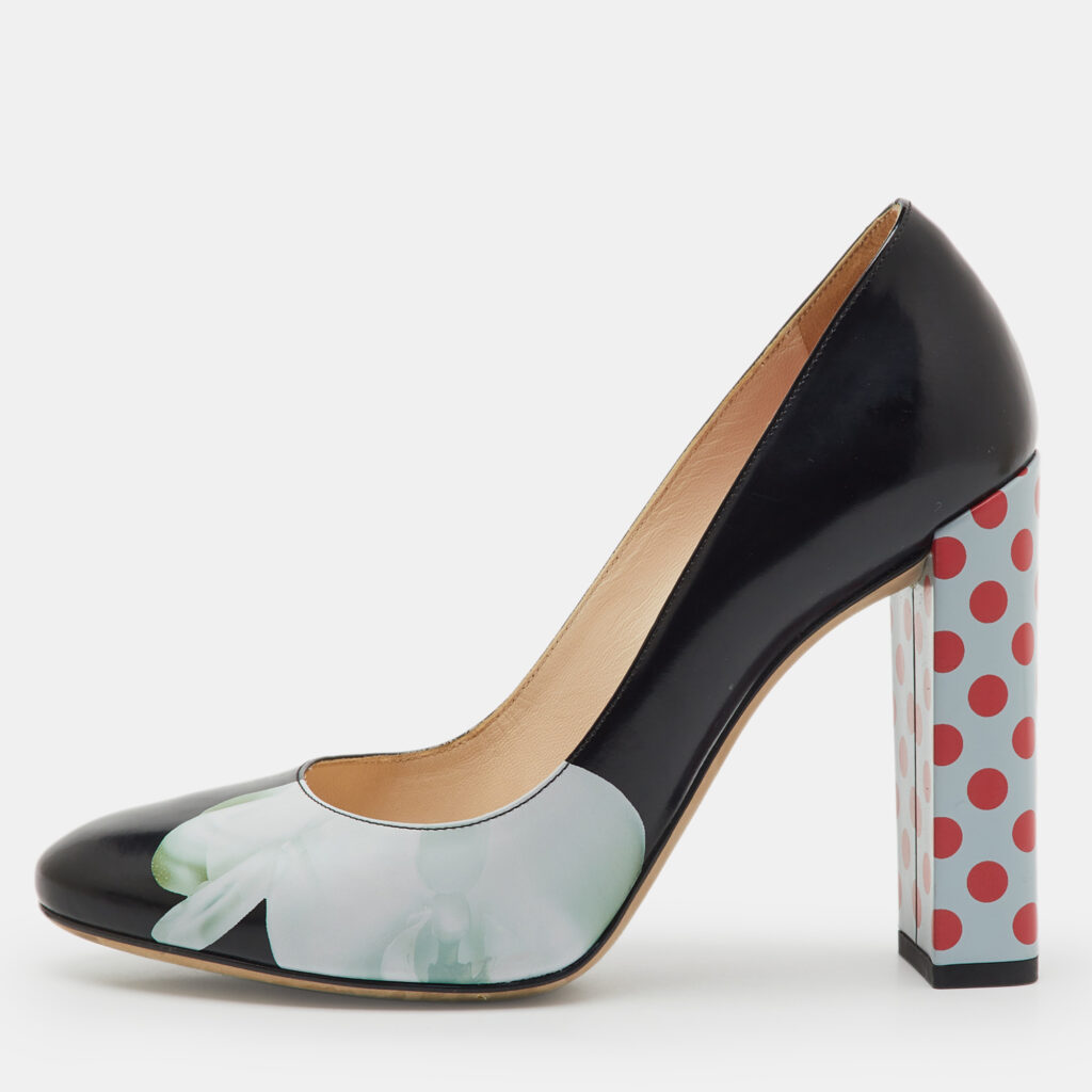 Fendi Black Patent Leather Polka Dots Block Heel Pumps Size 38