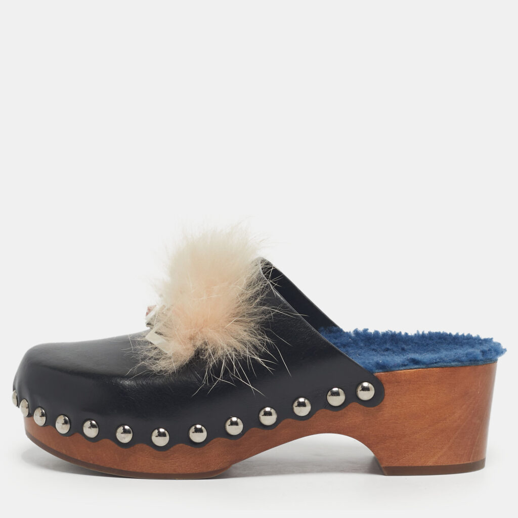 Fendi Black Fur and Leather Monster Clogs Size 37
