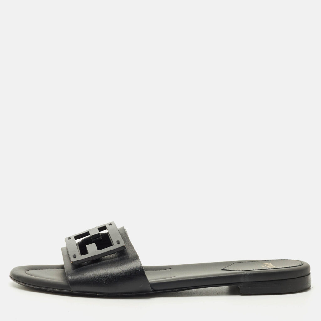 Fendi Black Leather Logo Flat Slides Size 38