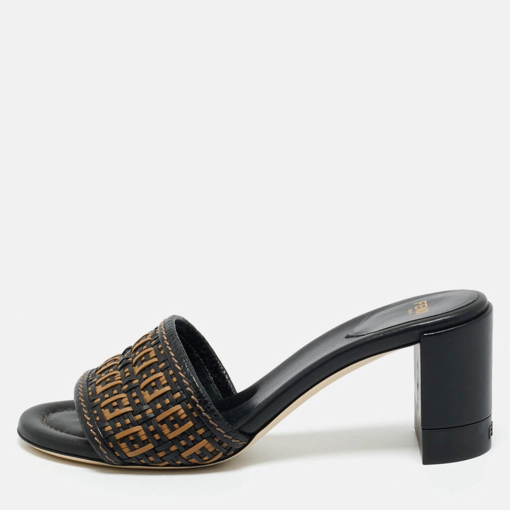 Fendi Black/Brown FF Interlace Leather Slide Sandals Size 38 Fendi Black/Brown FF Interlace Leather Slide Sandals Size 38