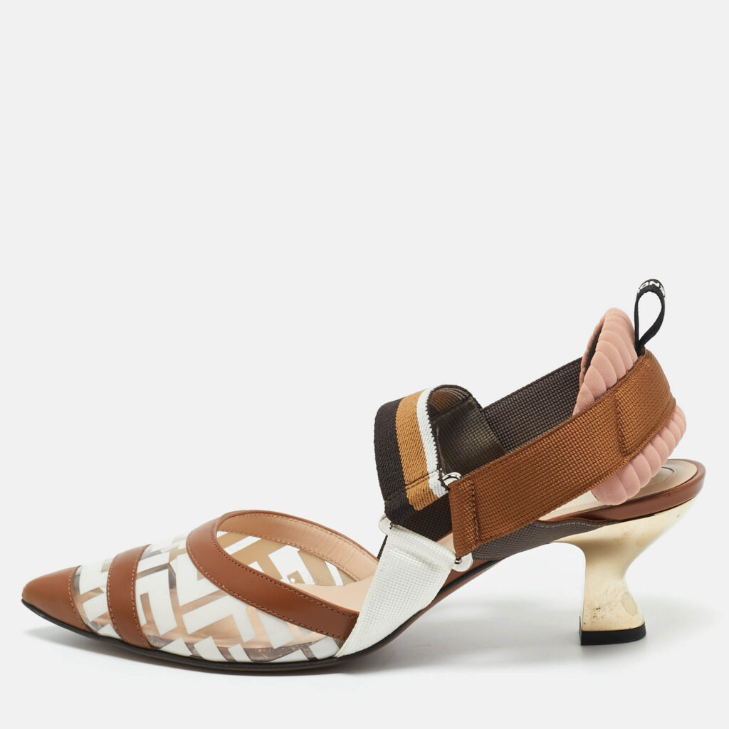 Fendi Brown/White Zucca PVC and Leather Colibri Slingback Pumps Size 37.5 Fendi Brown/White Zucca PVC and Leather Colibri Slingback Pumps Size 37.5
