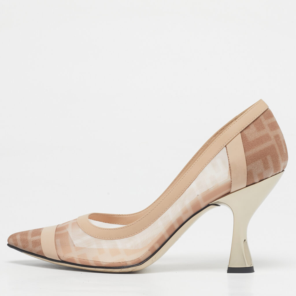 Fendi Light Pink/Brown Zucca Mesh and Leather Colibri Pumps Size 39