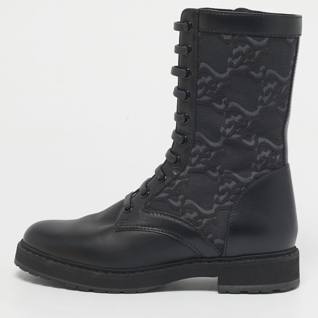 Fendi Black Karligraphy Jacquard and Leather Combat Boots Size 37