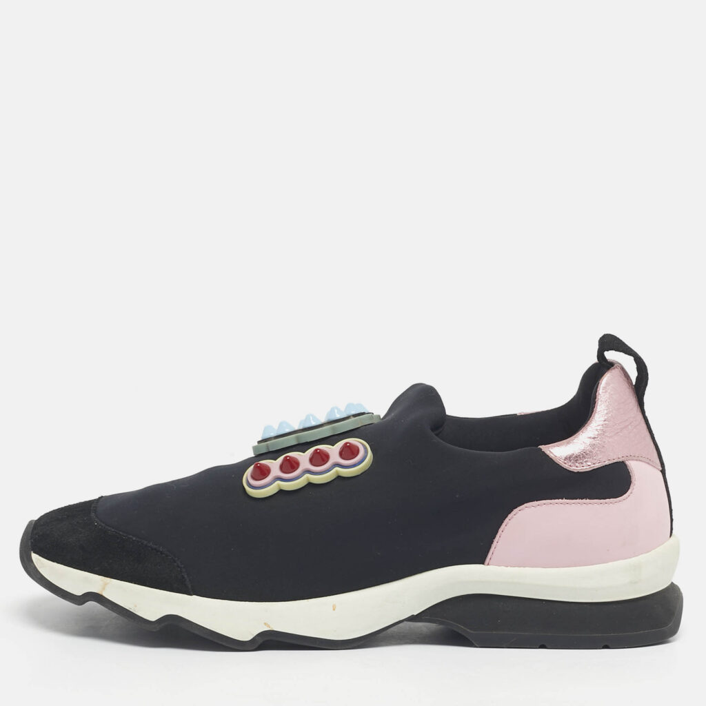 Fendi Black Fabric And Suede Fun Fair Logo Slip On Sneakers Size 38