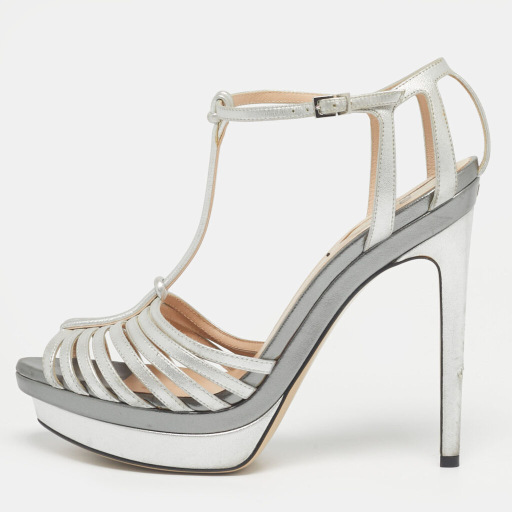 Fendi Silver Leather T-Strap Platform Sandals Size 39 Fendi Silver Leather T-Strap Platform Sandals Size 39