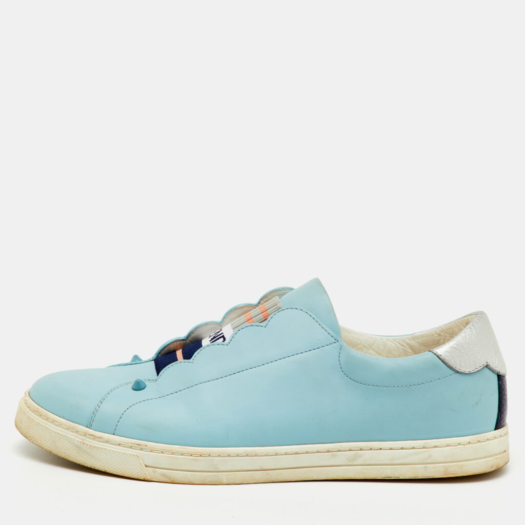 Fendi Light Blue/Silver Leather Rockoko Slip On Sneakers Size 41
