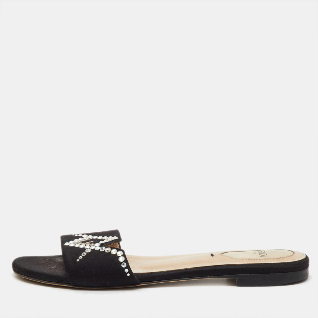 luxury-women-fendi-used-shoes-p1220812-001.jpg Fendi Black Satin Crystal Embellished Flat Slide Sandals Size 36