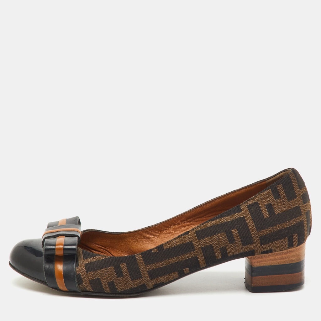 Fendi Black/Brown Zucca Canvas and Patent Leather Bow Pumps Size 36