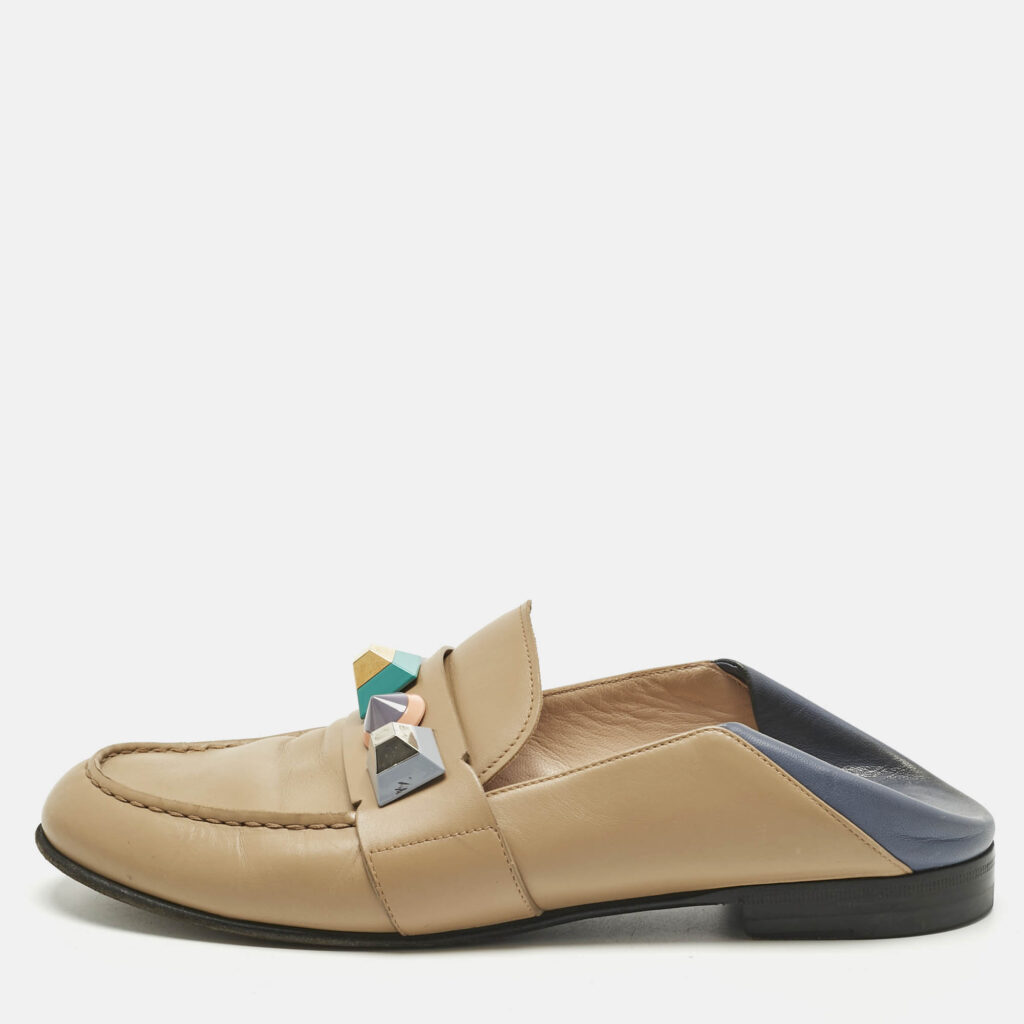 Fendi Brown/Blue Leather Studded Loafer Mules Size 40 Fendi Brown/Blue Leather Studded Loafer Mules Size 40