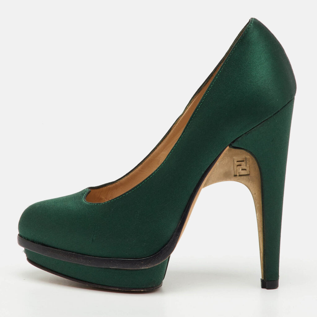 Fendi Dark Green Satin Bridge Heel Platform Pumps Size 35