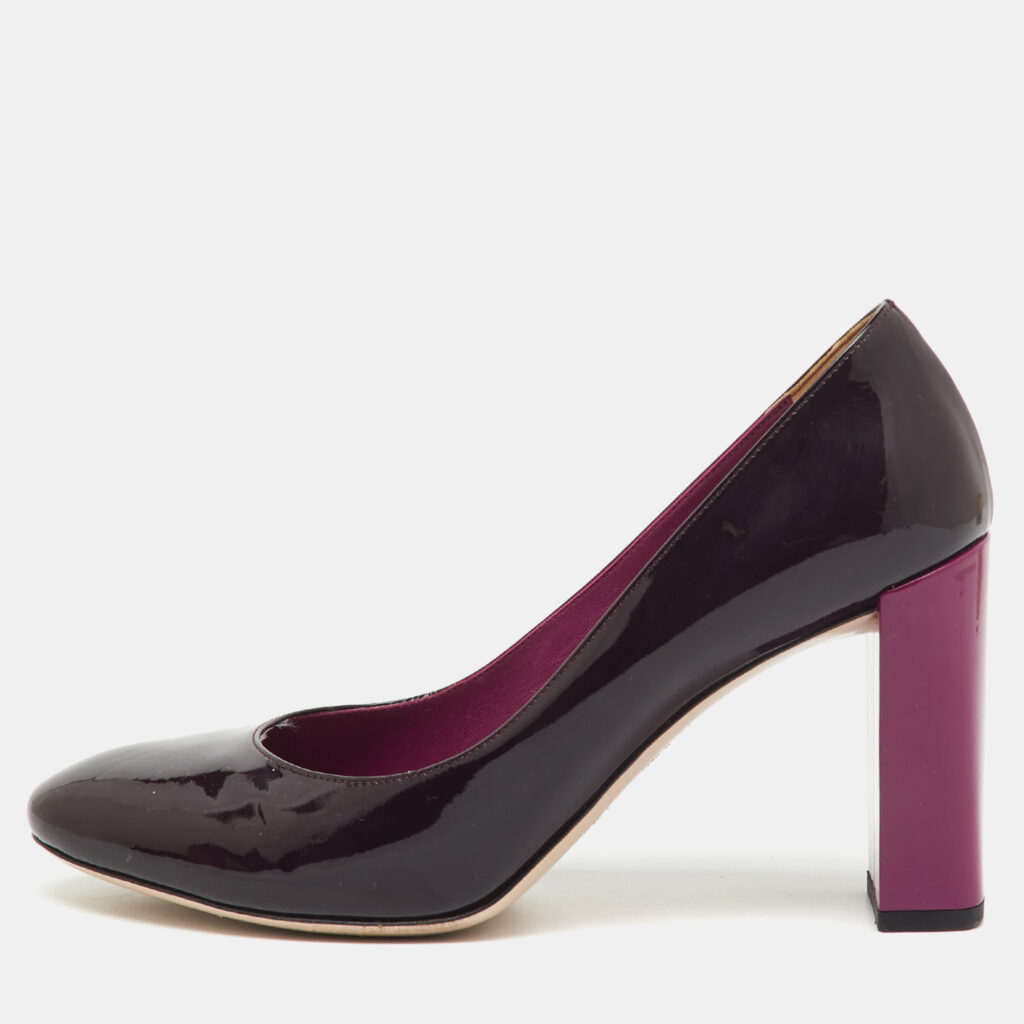 Fendi Dark Purple Patent Leather Round Toe Block Heel Pumps Size 39