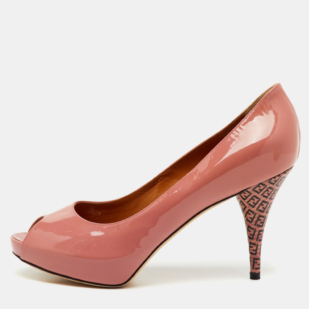 Fendi Rose Pink Patent Leather Zucca Heel Peep Toe Platform Pumps Size 39 Fendi Rose Pink Patent Leather Zucca Heel Peep Toe Platform Pumps Size 39