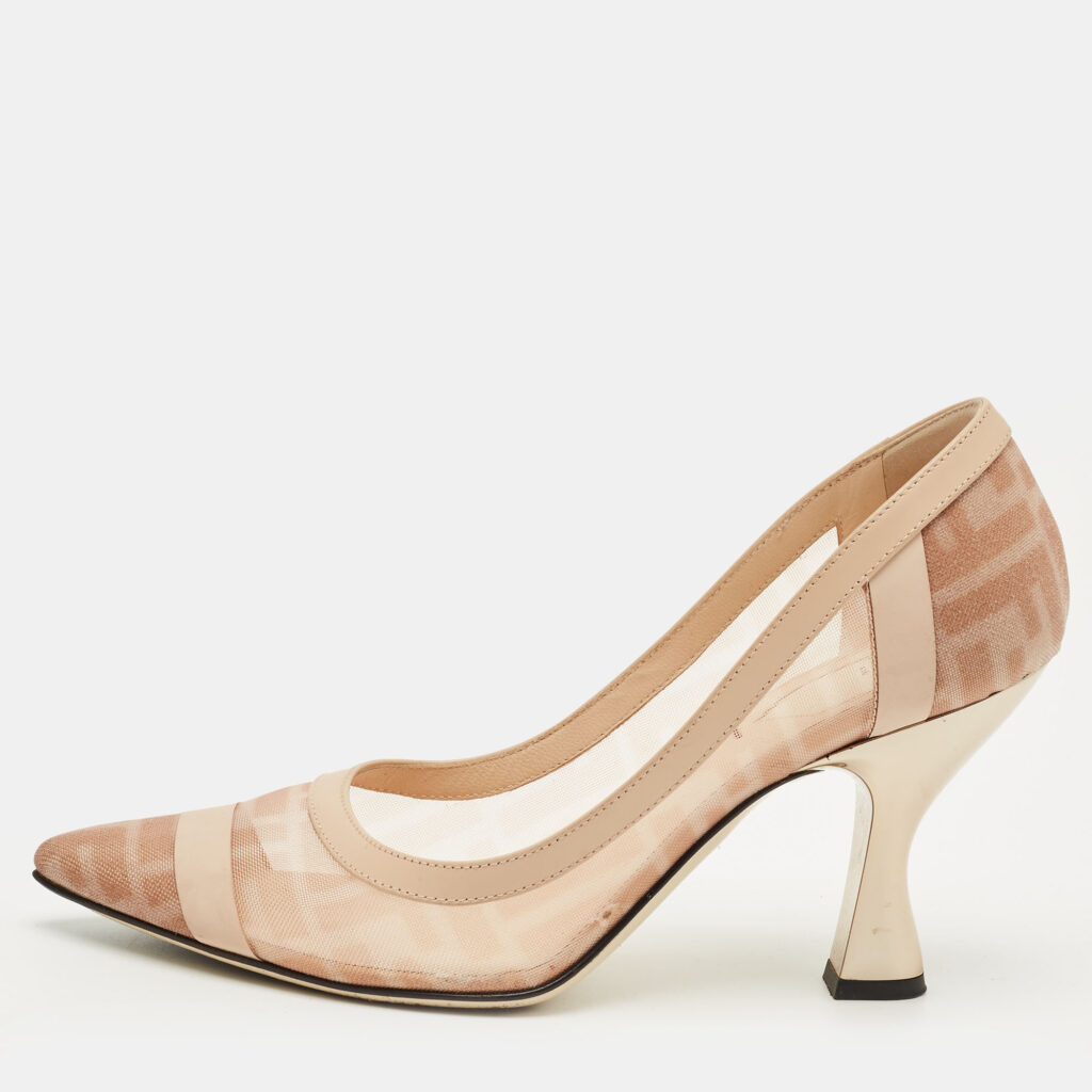 Fendi Light Beige/Brown Zucca Mesh and Leather Colibri Pointed Toe Pumps Size 38 Fendi Light Beige/Brown Zucca Mesh and Leather Colibri Pointed Toe Pumps Size 38