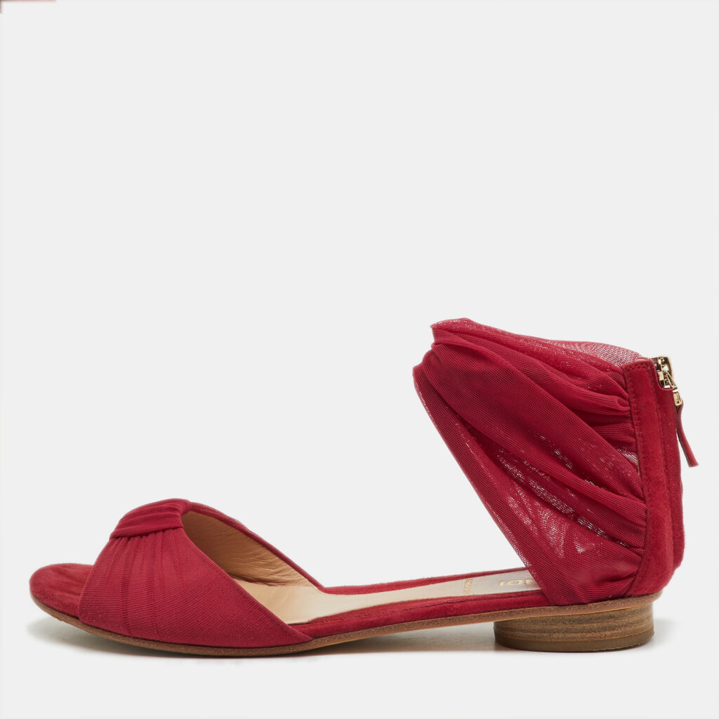 luxury-women-fendi-used-shoes-p1224366-001-1.jpg Fendi Red Mesh and Suede Ankle Wrap Flat Sandals Size 37