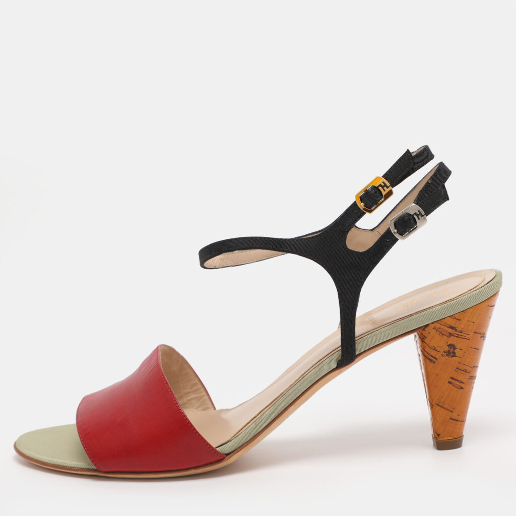 Fendi Red/Black Fabric and Leather Ankle Strap Sandals Size 40